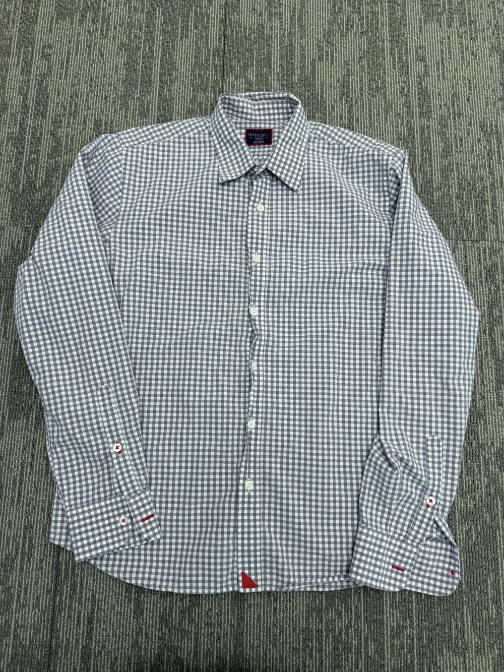 UNTUCKit Shirt Mens Medium Gray White Gingham Check Button Down Slim Fit Casual